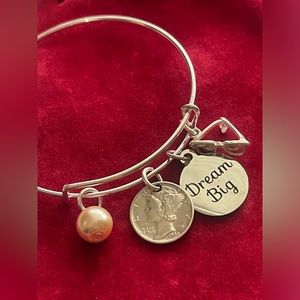 Peculiar unique Bangle bracelet with mercury dime and charms